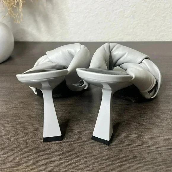 MARC FISHER Gray Knot Comfort Dellian Square Toe Slip On Leather Heeled Sandal - Picture 4 of 12